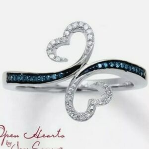 BEAUTIFUL BLUE SAPPHIRRE & DIAMOND (CZ) DOUBLE HEART RING